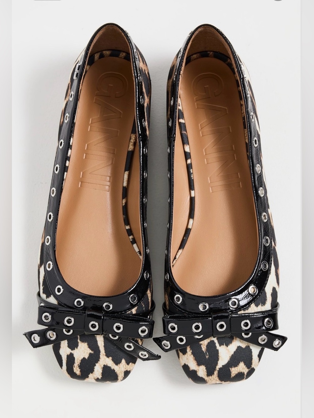 GANNI Eyelets Bow Ballerinas in Leopard